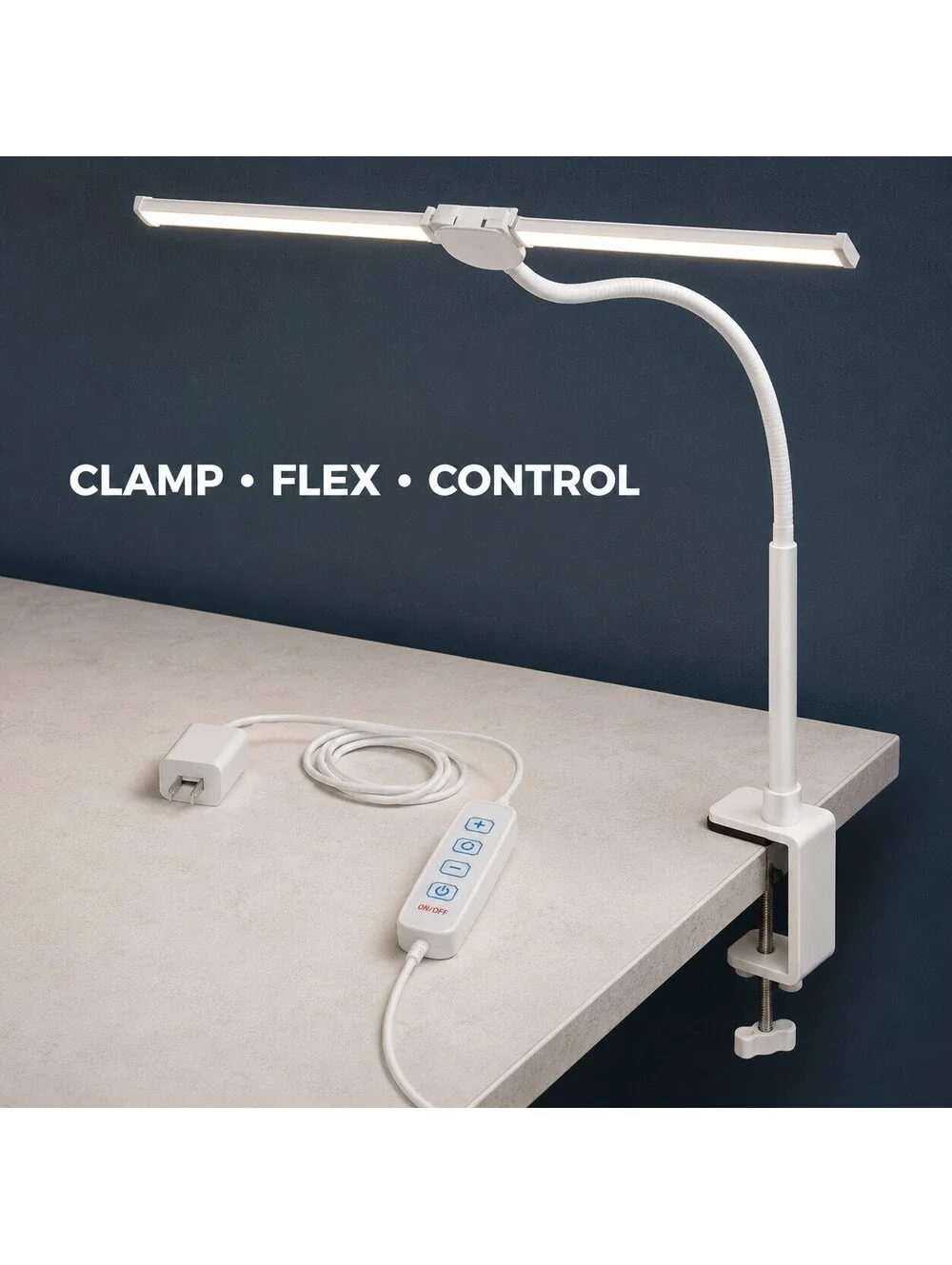 Double Head LED Desk Lamp Clamp 3 Modes 10 Brightness Memory USB White